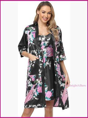 Satin Kimono Robe and Camisole Set, 2-Piece Sleepwear, Peacock Floral Pattern